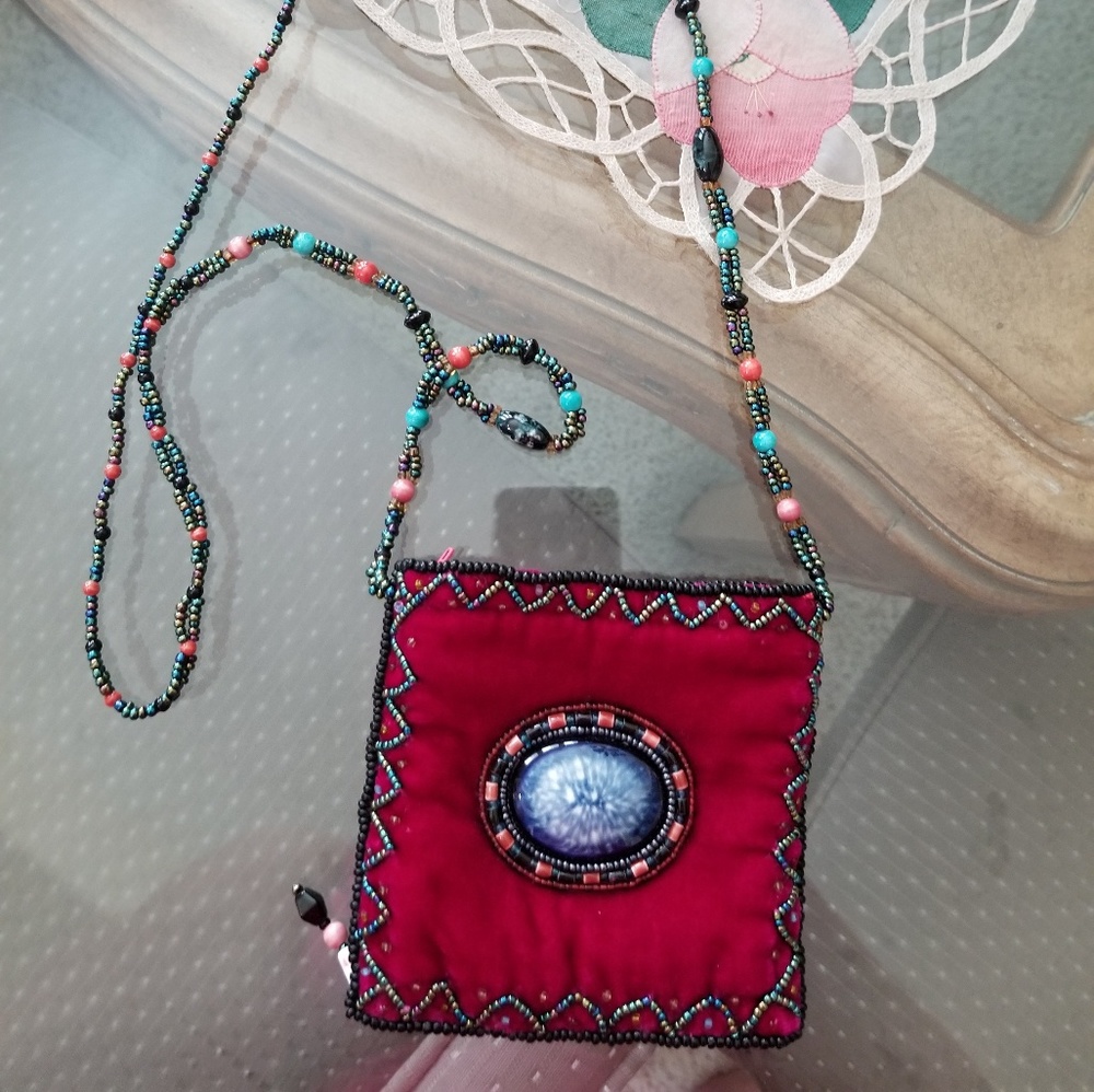small red velvet boho evening purse with beadwork